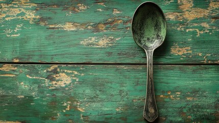 Antique spoon on rustic green wood, overhead shot, copy space, food blog