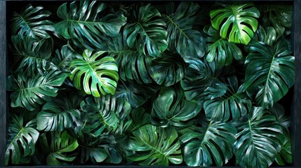 Lush Monstera leaves framed, wall decor, indoor greenery, jungle background, home design