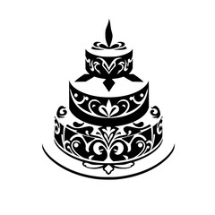 Black and white three-tiered cake with ornate floral decorations on a white background.