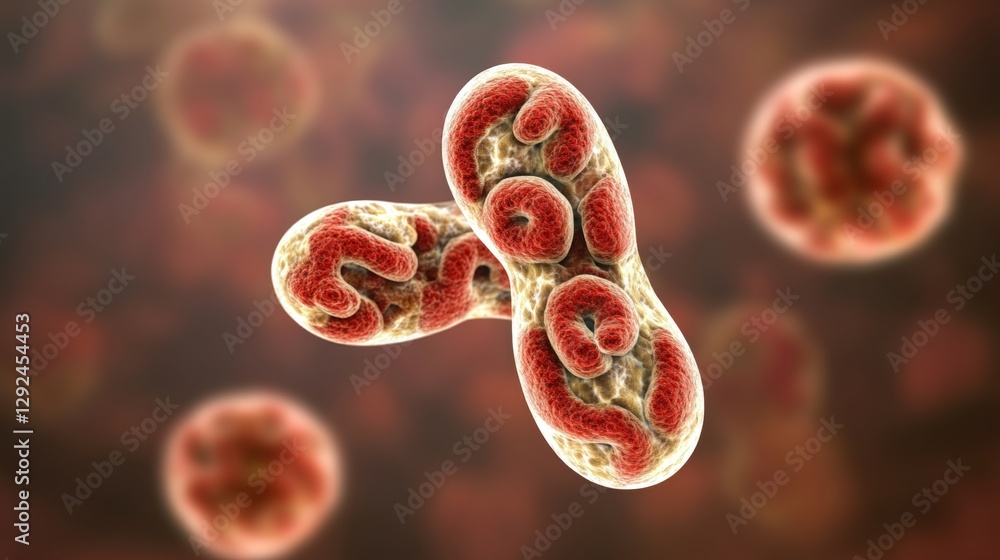 Poster illustration of a chromosome with a blurred virus in the background and space for text or copy