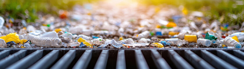 Scattered plastic waste on metal grate in industrial scene, highlighting environmental issues