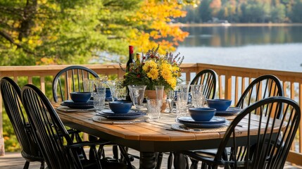Obraz premium Lakeside Dining Table Set for Evening Meal