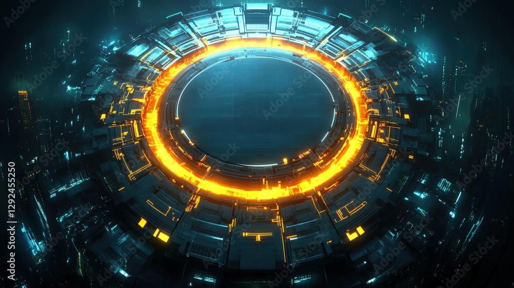 Poster circular glowing object with lights in a seamless spherical panorama high fidelity hdri image