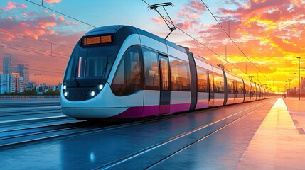 Fototapeta premium Modern Tram at Sunset: Cityscape Transit