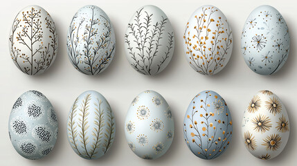 Ten intricately painted Easter eggs with botanical patterns showcase elegant designs in soft hues, creating a serene, festive atmosphere.