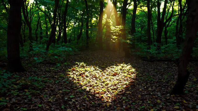 Heart-shaped patch of sunlight on forest floor with autumn leaves and trees, warm glow. Nature and love concept
