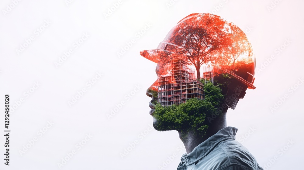 Poster man with a tree on his head in front of construction engineering project background