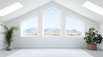 Fototapeta premium Empty attic room with mountain views, perfect for showcasing home design