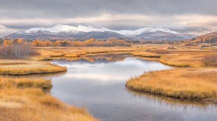 Fototapeta premium Autumnal mountain reflection in calm river (1)