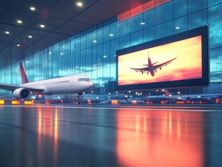 Fototapeta premium Airport Billboard Mock-Up in Dusk Lighting with Airplanes and Soft Atmosphere