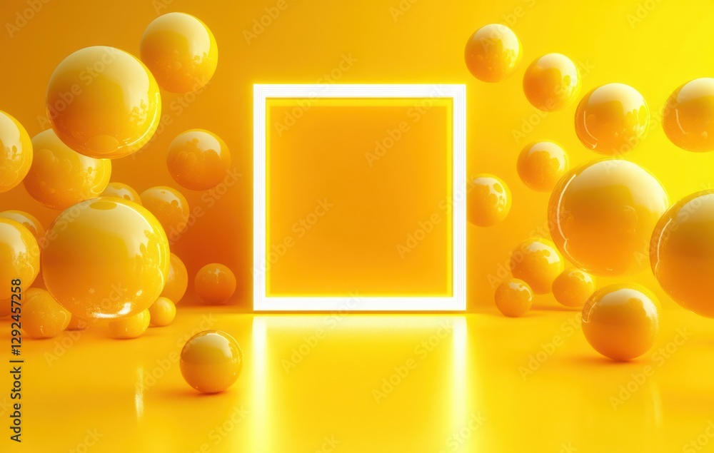 Poster minimalist abstract yellow background with glowing square frame and floating spheres