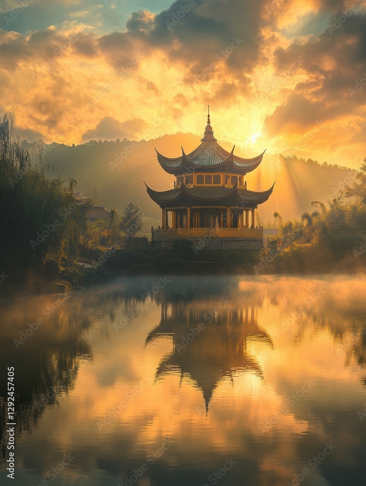 Poster stunning sunrise over traditional pagoda by calm lake with reflections and colorful clouds in the sk