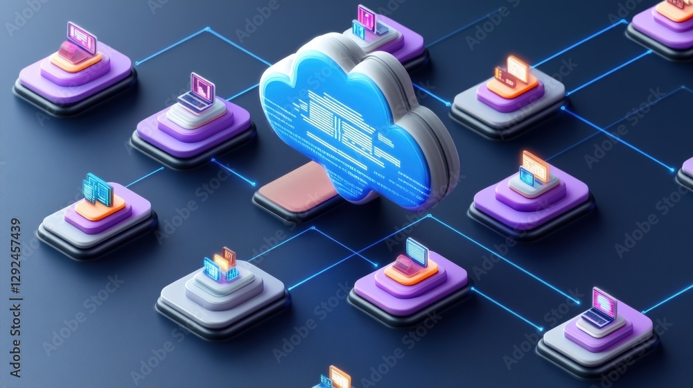 Poster cloud with blue screen displaying icons representing futuristic ai and big data technology concepts