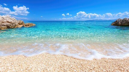 Obraz premium Sunny beach shore with turquoise water and rocks. Perfect for vacation brochures