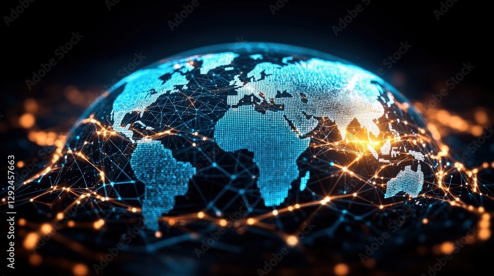 Poster futuristic globe with illuminated network and advanced cargo container ships in a high-tech maritime