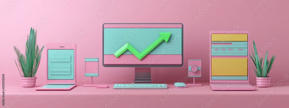 Poster responsive website design concept 3d illustration of smartphone tablet laptop computer with growth a