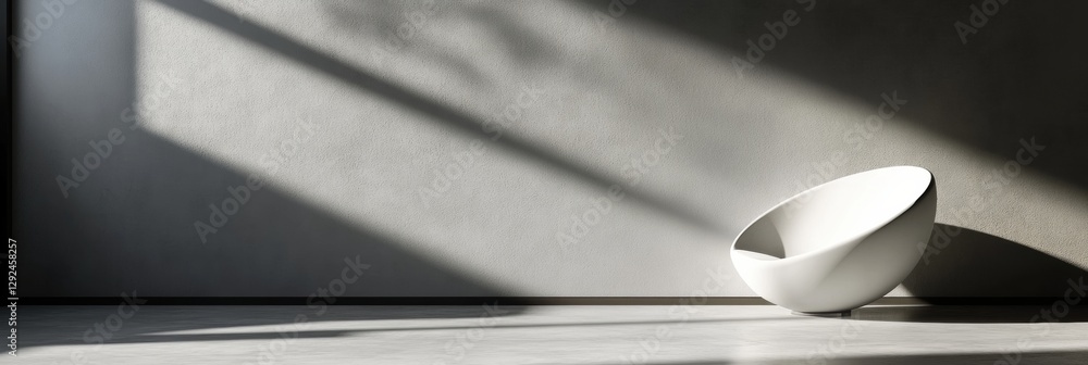 Poster modern minimalist design features a white artistic chair under soft sunlight in a spacious interior 