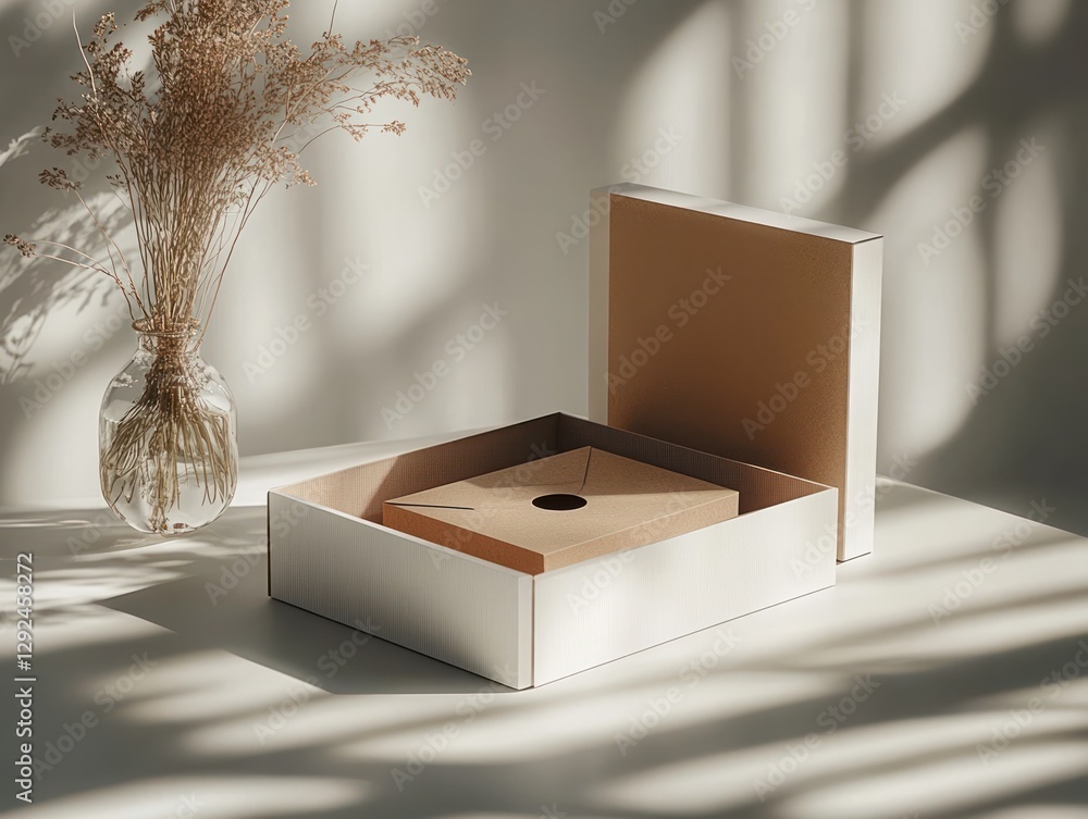 Poster minimalistic box mockup open and closed with brown envelope natural lighting scandinavian design