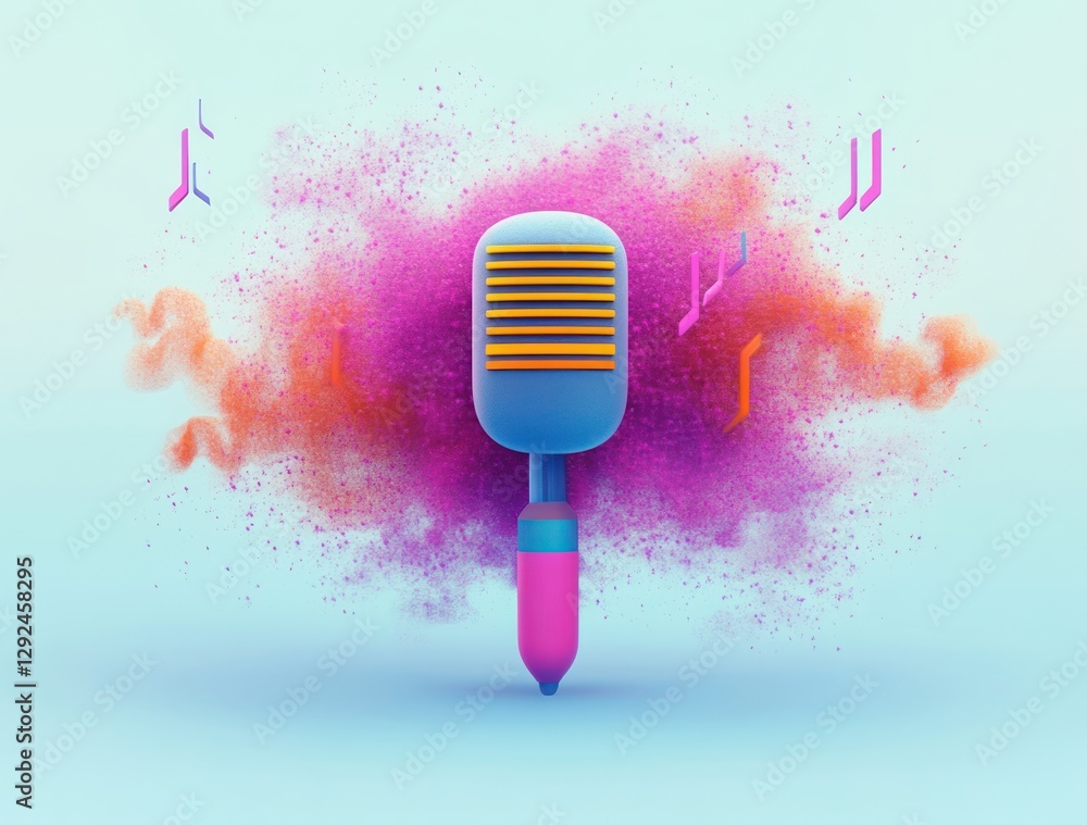 Poster voice messaging concept with microphone, sound wave, and colorful speech bubble in minimal design
