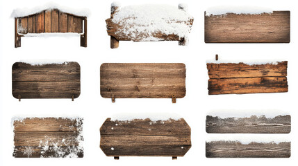 Wood sighnboard covered with snow and icicle 3d cartoon vector set. Realistic illustration of various blank snowy panels and banners with wooden texture for winter and Christmas text and signs.