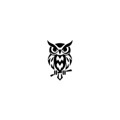 Graphic black and white owl, stylized on a white background, perched on a branch.