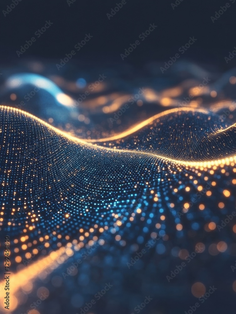Poster digital wave patterns with glowing blue and orange dots create a mesmerizing visual effect during ni