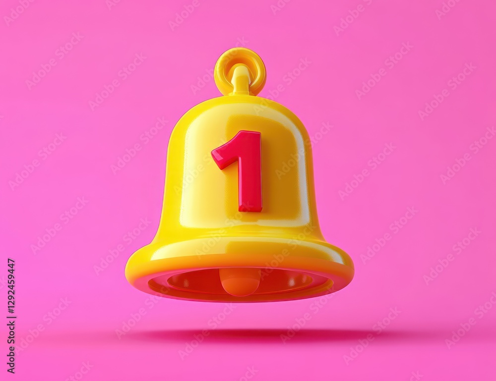 Poster yellow notification bell icon with red circle and number one on soft pink background minimalist desi