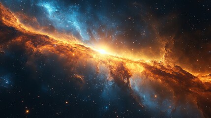 Fototapeta premium Cosmic radio jet erupts from a luminous source, traversing the vast expanse of deep space.