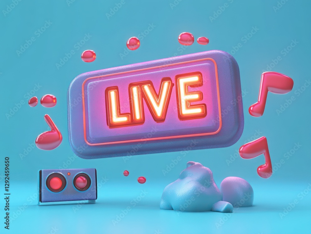Poster vibrant 3d live notification bubble cartoon style icon with play buttons and sound waves