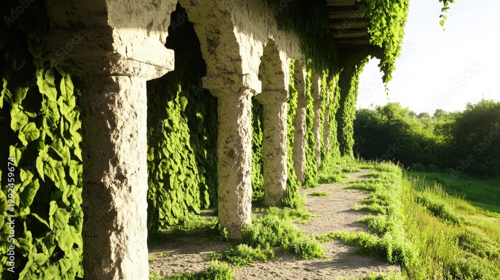 Poster pathway between two columns in virtual reality collage with generative ai elements and high fidelity