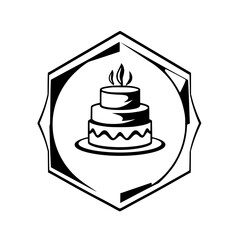 Three-Tiered Cake in a Hexagonal Frame: Black and White Illustration on a White Background.