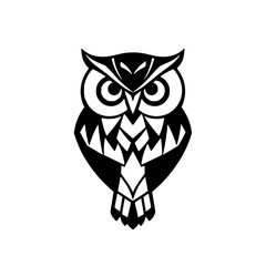 Vectorial black and white geometric illustration of an owl on white background, black and white, symmetrical.