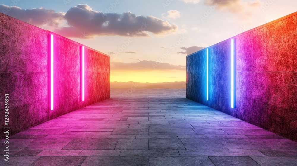 Poster row of pink and blue neon lights illuminating a dark empty concrete walkway in a virtual reality set