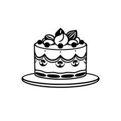 Minimalist cake illustration on a white background featuring a cake topped with berries and foliage on a white plate.