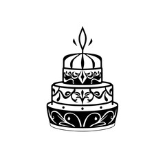 Black and white decorative three-tiered cake with ornate scrolling details and a crown-like top and flame.
