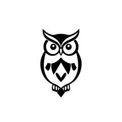 A minimalistic, artistic, symmetrical, owl illustration in a sleek, black-and-white style.