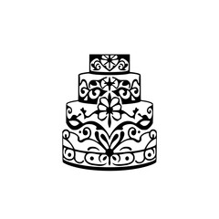 Black-and-white wedding cake with elegant floral, ornamental design on white backdrop.