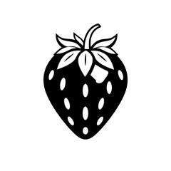 Simplified black and white strawberry illustration on a white background, presenting a stylized fruit with black outline.