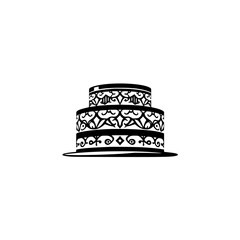 Ornamental cake-like structure with a two-tier design and an intricate black and white filigree.