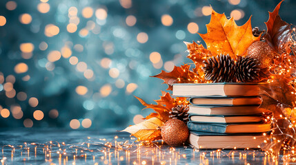 Autumn books stack, fall leaves, bokeh lights