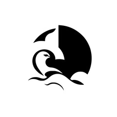 Minimalist illustration of a swan silhouette on waves, against a black circle background.