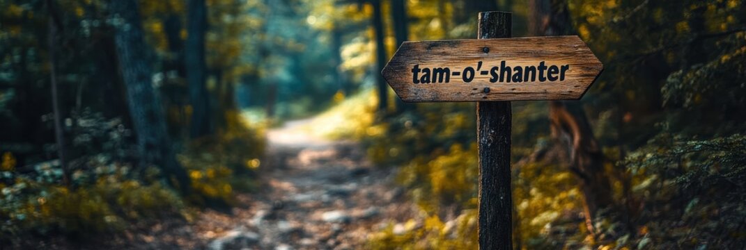 A rustic wooden signpost marks the path through an enchanting forest trail, guiding adventurers towards an intriguing destination named "Tam-O-Shanter."