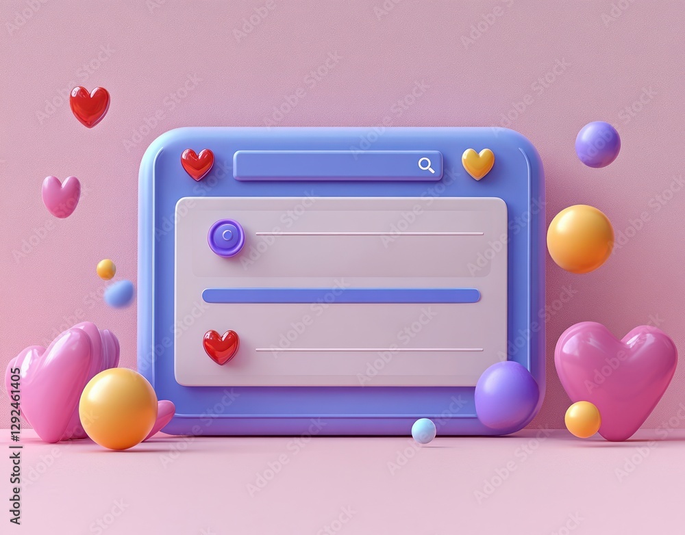 Poster 3d web browser interface with search bar and colorful shapes in minimal design