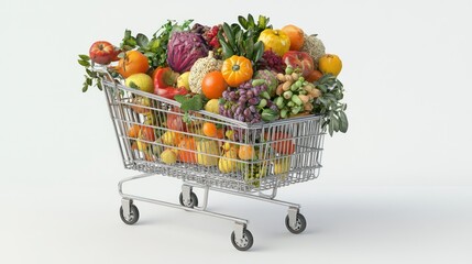 Overflowing grocery cart, autumn harvest, white studio, healthy eating, advertisement
