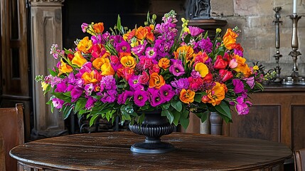 Vibrant floral arrangement in antique urn, grand room