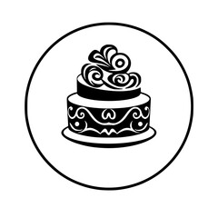 Black and white two-tier cake with ornamental, floral designs within a black circle.
