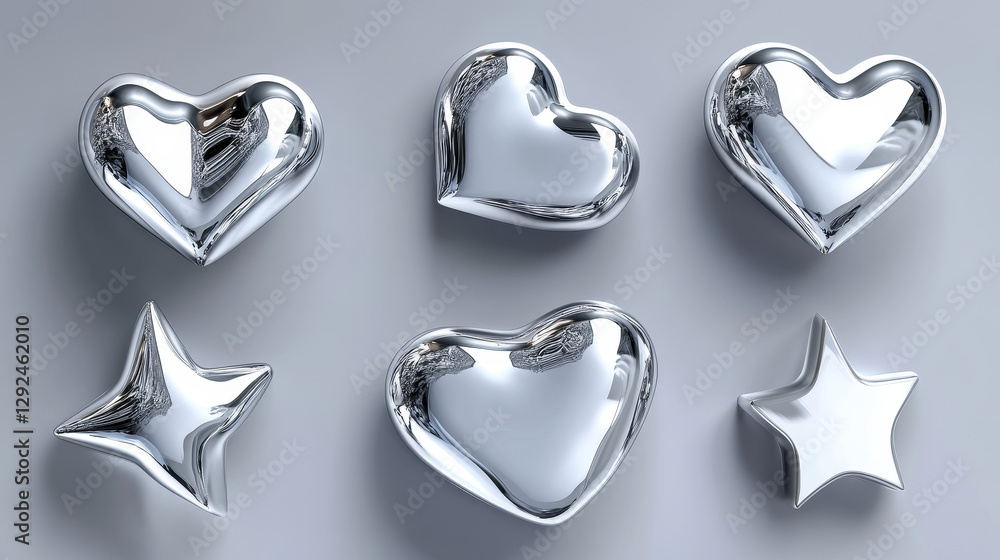 Poster chrome y2k abstract shapes. 3d realistic vector illustration set of silver inflatable forms of heart