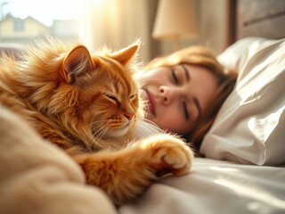 Relaxed Woman and Fluffy Cat Enjoying Morning Sunlight in Cozy Bedroom. Generative Ai