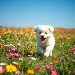 Happy Puppy Running Through Wildflowers in a Sunlit Meadow. Generative AI