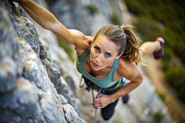 Female climber on a rocky wall. Generative AI